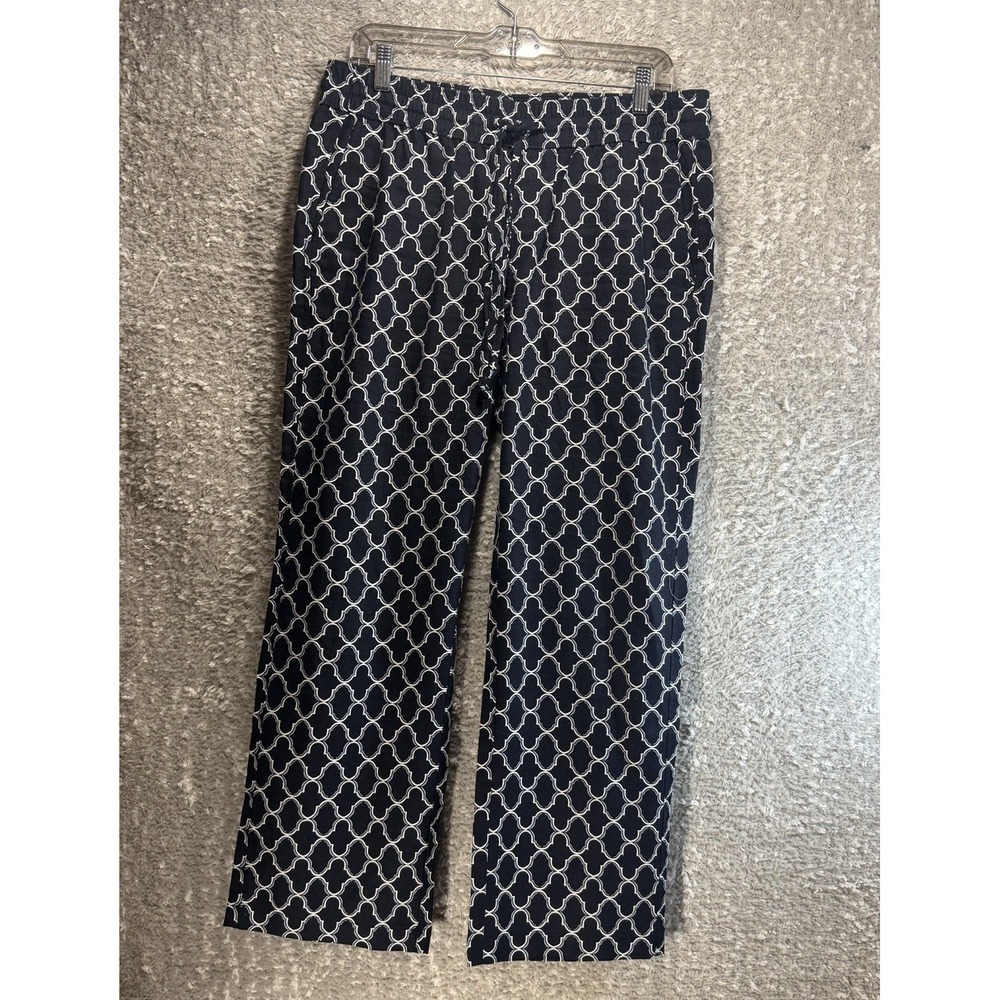 Ann Taylor Factory Navy White Quatrefoil Linen Blend Straight Leg PM Coastal
